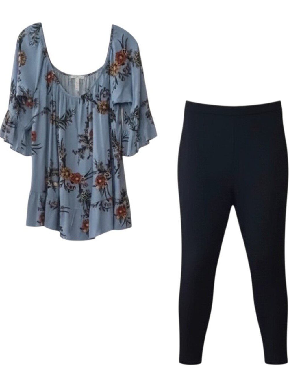 Classic Black Stretchy Leggings & Boho Peasant Top Large